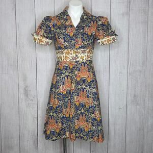 VTG 60s Singapore Import Red Rose Batik Print Dress Double Collar Puff Sleeve, S